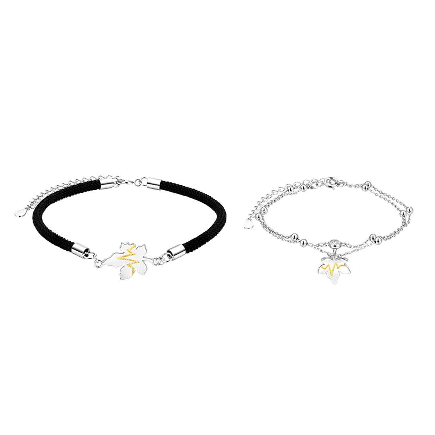 Pulsera de Pareja Diseño de Hoja de Arce Plata de Ley 925 Cuerda Trenzada Ajustable Promesa Relación Pulseras Regalos de Joyería