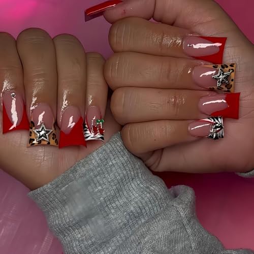 Image of NBNTGH Red French Tip Glue On Nails Leopard Print 24Pcs Glossy Reusable Artificial Acrylic Full Cover False Nails