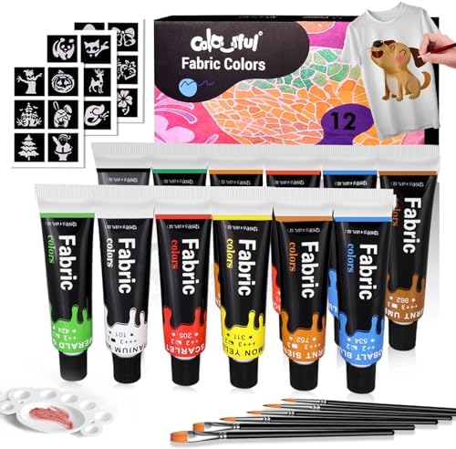 Colorful Fabric Paint Set for Clothes 12 Colors - Permanent Textile Paint Kit for Shoes, Canvas - Non-Toxic Slick Painting Set for Adults, Beginner & Artists