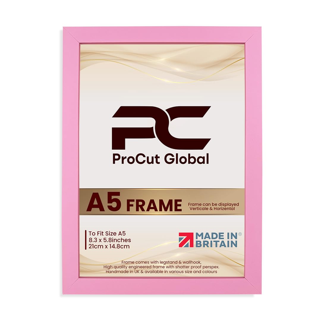 Procut Global A5 Pink Picture Frames – Sleek Wooden Photo Frame with Shatterproof Perspex for Wall or Tabletop – Perfect for Posters, Certificates, Prints–Multiple Sizes & Colors Available