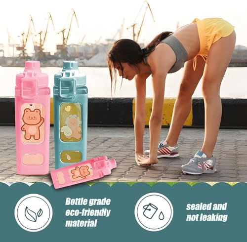 Image of Plastic Kawaii Water Bottle with Straw Cute Large Water Bottles with Kawaii Stickers Aesthetic Leakproof Square Drinking Bottle.700ML (Pink)