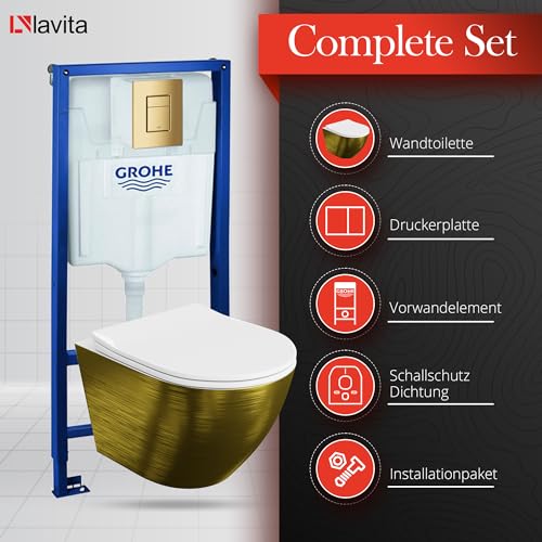 LAVITA Vorwandelement Solido + Wand Hänge WC Sofi Slim Brushed Gold Spülrandlos + WC Sitz mit Absenkautomatik Goldener Knopf Komplettset Unterputz Spülkasten Toilette Komplett Sett WC – Bild 4