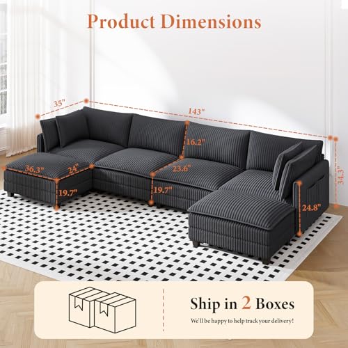 Image of Vesgantti 143 inch U Shaped Sectional Modular Couch, Comfy Corduroy Upholstered Modular Cloud Sofas for Living Room, Modern Sectional Sofa with 2 Ottoman Deep Seat, Dark Grey