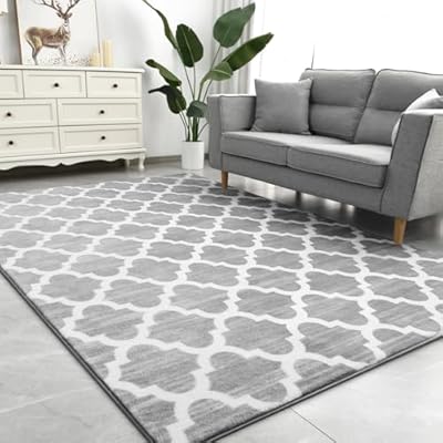 Kimeesky Geometric Shag Modern Area Rug for Living Room Bedroom, 4x6 Distressed Moroccan Fluffy Rug Indoor Carpet for Kids Nursery Bedside Room Decor, Memory Foam Super Soft Shaggy Rugs, Grey/White