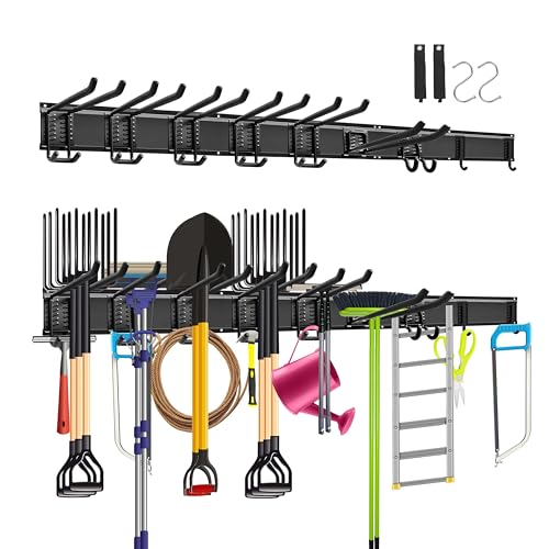 Mimoke Wandhalterung Werkzeugregal für Garage und Garten, 3 Schienen, Vielseitige Hakenkonfiguration, 122 cm Gesamtlänge, Robust, Für Gartengeräte und Elektrowerkzeuge