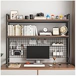 NUODWELL 2 Tier Computer Desktop Bookcase, Metal Display Rack with Grid Panel 37.5 Inch Multipurpose Wood Desk Hutch Bookshelf for Computer Display Rack for Office Home Dorm (Black)