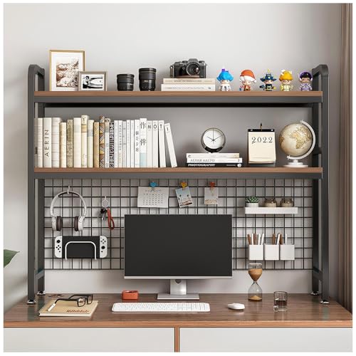 NUODWELL 2 Tier Computer Desktop Bookcase, Metal Display Rack with Grid Panel 37.5 Inch Multipurpose Wood Desk Hutch Bookshelf for Computer Display Rack for Office Home Dorm (Black)