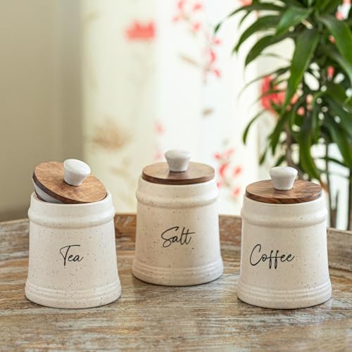 Image of ExclusiveLane 'Daily Rituals' Airtight Ceramic Jars For Kitchen Storage With Wooden Lid Ceramic Containers For Pickle Cookies Sugar Dry Fruits (Set of 3, Airtight, 300 ML, Hand-Embossed, 13.5 Cm)