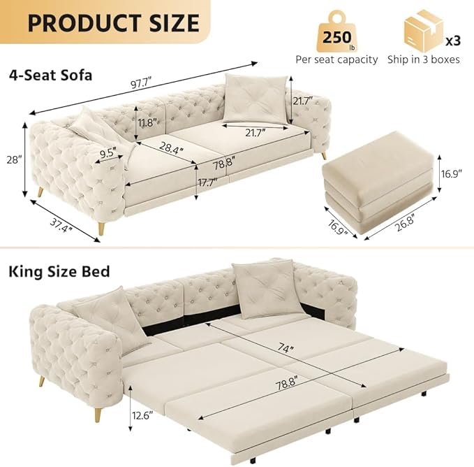 Image of KCGKCG 97.7 inch Sleeper Sofa Bed, Velvet Sectional Couches for Living Room /Bedroom, 3 in 1 Pull Out Couch Bed, Convertible Sectional Couch loveseat Sofa with Movable Ottoman, Beige