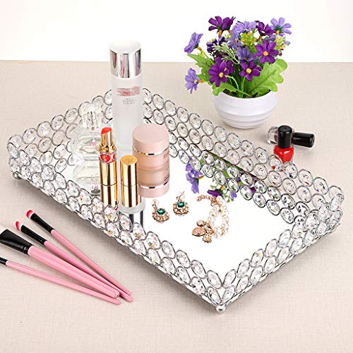 Hipiwe Crystal Cosmetic Makeup Tray - Large Mirrored Vanity Tray Jewelry Trinket Organizer Traytray Home Decorative Dresser Tray Bathroom Tray, 13.7"X 7.87" #TOP1