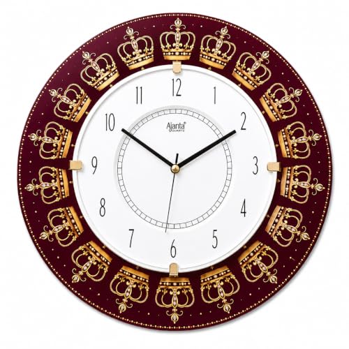 Image of Ajanta Quartz 16-Inch Round Wall Clock (41 x 41 cm) ? Premium Maroon & Gold Royal Crown Design | Decorative Ethnic Wall Watch with Tick-Tack Sound for Living Room, Home and Office