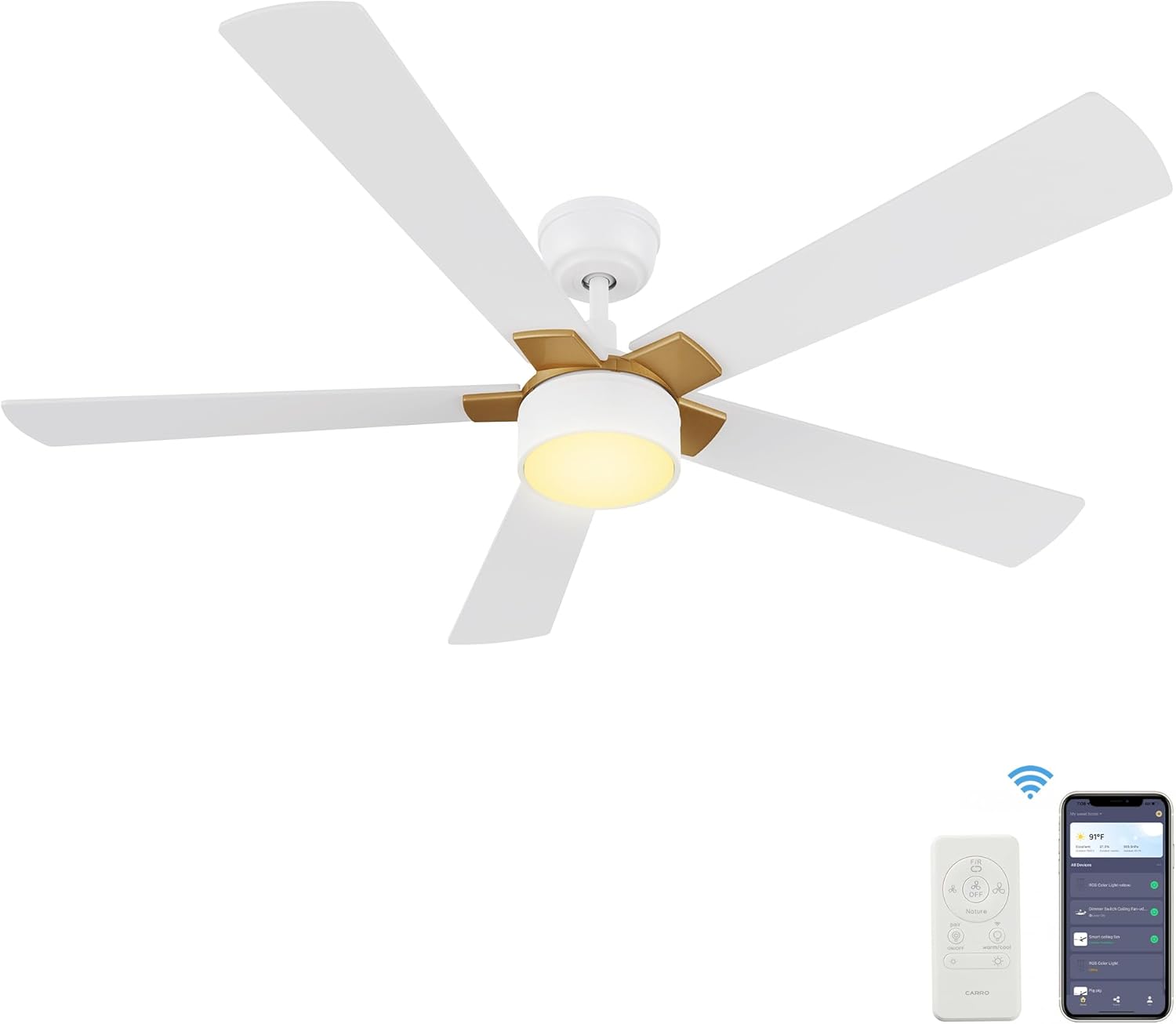 SMAAIR 52 Inch Smart Ceiling Fan with Light, Indoor/Outdoor Ceiling Fan with DC Motor,10-speed,Low Profile,Works with Remote Control/Alexa/Google Assistant/Siri Shortcuts(Black/Gold)