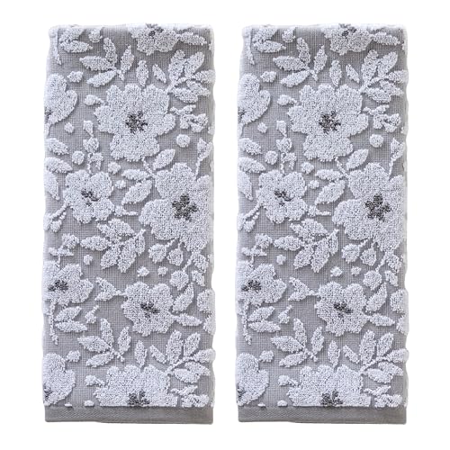 SKL Home Floral Jacquard 100% Cotton 2pc Hand Towel Set Reversible & Decorative for Bath/Kitchen/Bar & Gift Gray