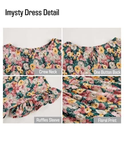 Image of Imysty Womens Boho Floral Ruffle Sleeve Babydoll Loose Flowy Casual Summer Pleated Mini Dress
