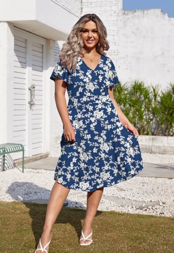 Image of Women's Plus Size Summer Dresses V Neck Ruffle Short Sleeve Casual Wrap A Line Midi Dress with Pockets