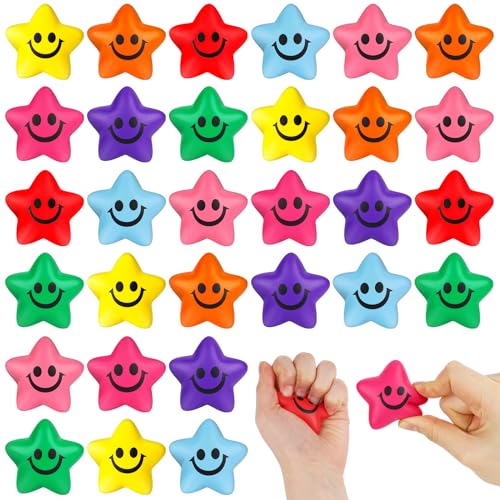 POPLAY 32PCS Stress Balls for Kids, 2inch Mini Foam Smile Ball Star Smile Face Stress Balls Colorful Foam Squeeze Balls Fidget Sensory Classroom Prizes