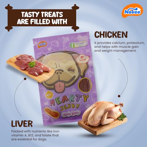 Image of Novee Hearty Jerky Mini Liver Flavour Dog Treats, High Protein, Nutrient-Rich Bites for Dogs, Soft & Tasty Reward Snack for Training, Immunity & Daily Health,100 G,All Life Stages