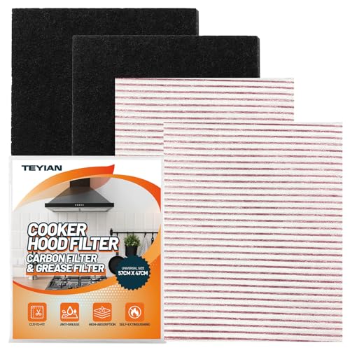 TEYIAN 57 x 47cm Carbon Cooker Hood Filter Grease & Odour Filter Kit High Absorption Universal Cut to Size for All Cooker Hoods & Extractor Fans Vent (2 Grease + 2 Odour Filter)