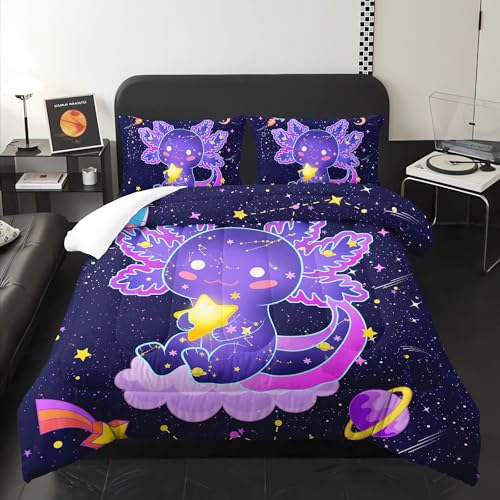 Galaxy Axolotl Comforter Set Twin Size,Kawaii Animals Cartoon Space 3 Bedding Set for Girls Boys Kids,Rocket Starry Sky Lightweight Down Alternative with 2 Pillowcases for Bedroom Decorative
