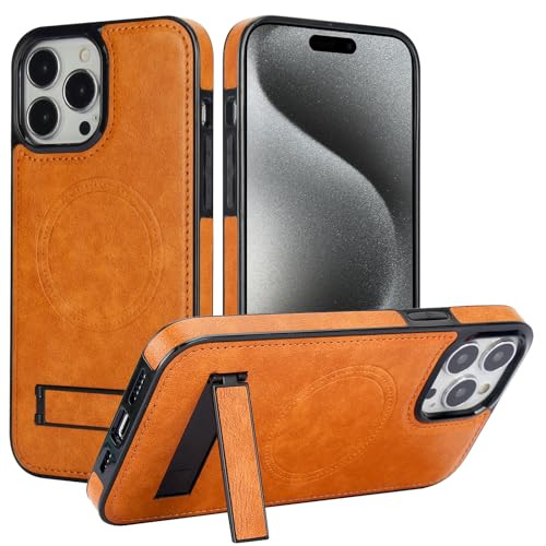 Custodia magnetica per iPhone 15 pro max Compatibile con Magsafeï¼½ ricarica staffa nascosta forte custodia protettiva per 15 pro max wireless arancione pelle sintetica