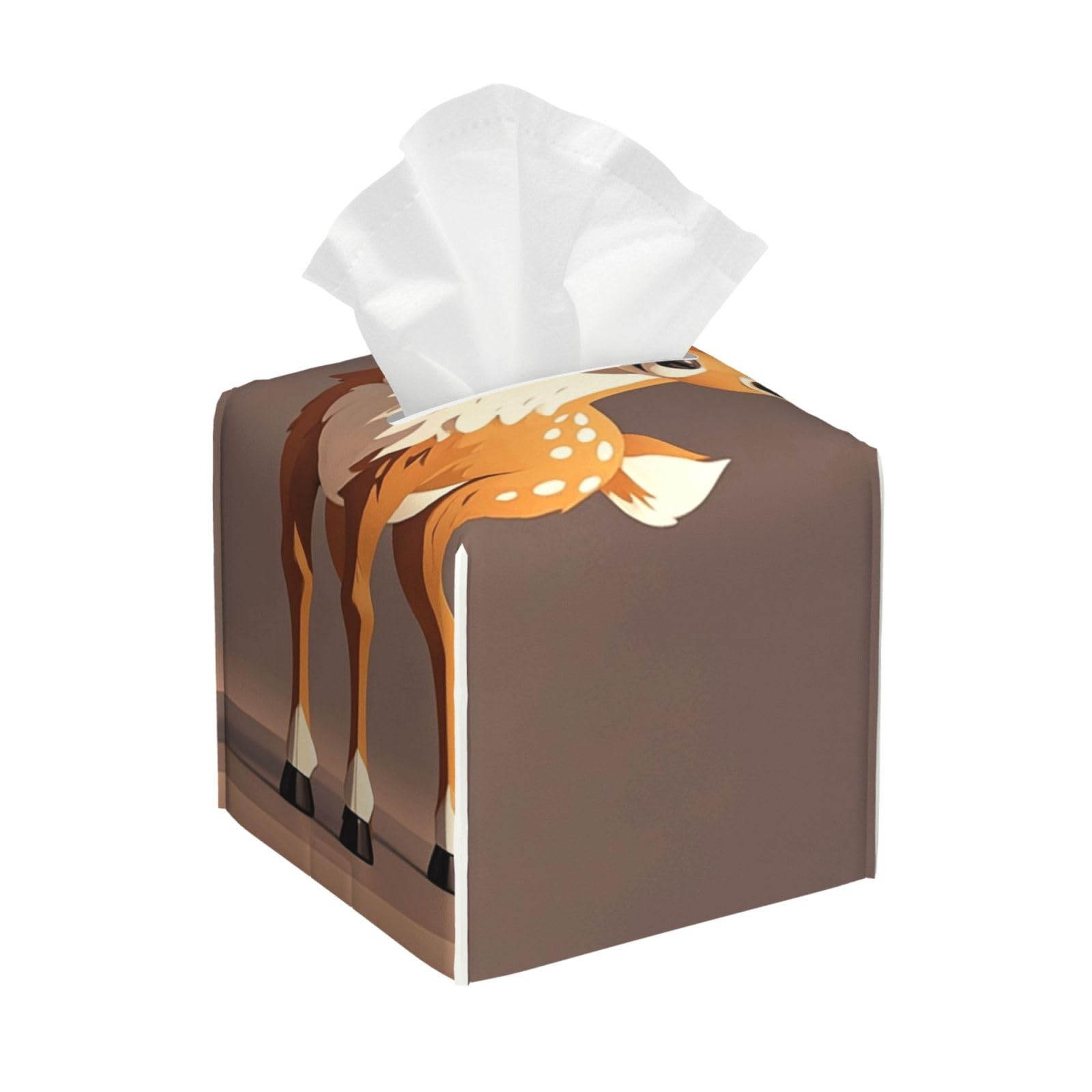 Pu Leather Cube Tissue Box Holders Modern Waterproof Square Tissue Box Cover Deer Facial Paper Holder for Bathroom Kitchen Nightstand Office Home Decor