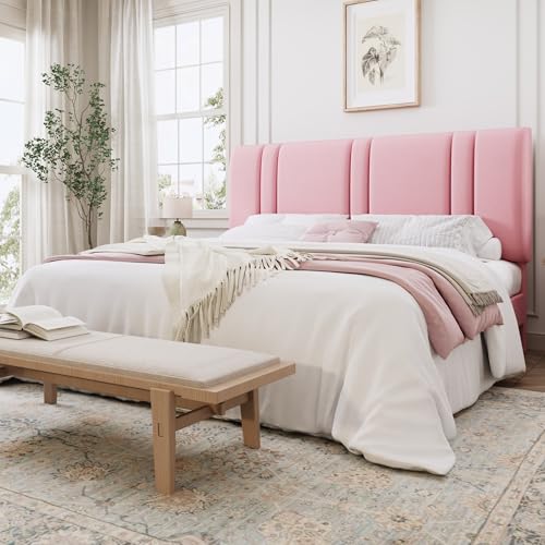 SHA CERLIN King Size Velvet Bed Frame with Adjustable Headboard, Pink