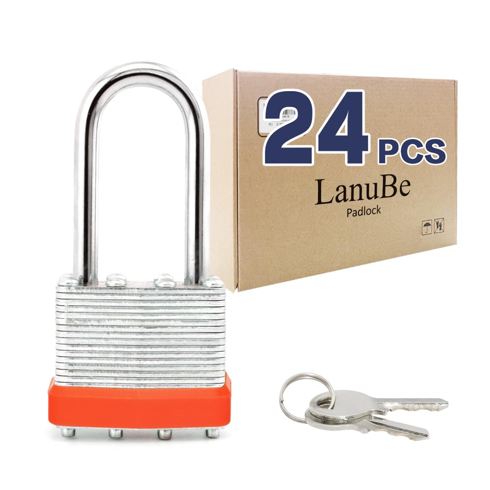 LanuBe Candado laminado con llave (1-9/16 pulgadas, 40 mm), cerraduras iguales con llave, grillete largo, aro de plástico naranja marcado, paquete de 24