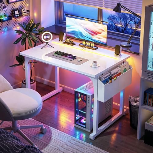 Image of DurayLoly 32 inch Computer Desk with Waterproof LED Lights,Bedroom Study Desk for Teens, Dorm Room Essentials,Headphone Hook&Storage Bag for Small Spaces,Sturdy Metal Frame,White