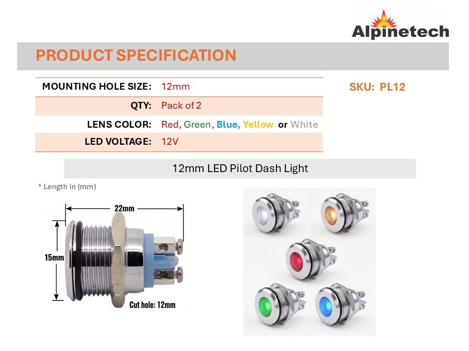 Alpinetech 2PCS PL-12 12mm 12V LED Metal Indicator miniatura 2