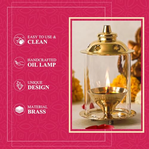Image of Klassic Combo of 4 Inch Akshi Navjyoti Brass Diya with Borosilicate Glass Shade & 5.5 Inch Bent Fine Point Tip Tweezer | Decorative Oil Lamp for Mandir, Pooja & Daily Aarti