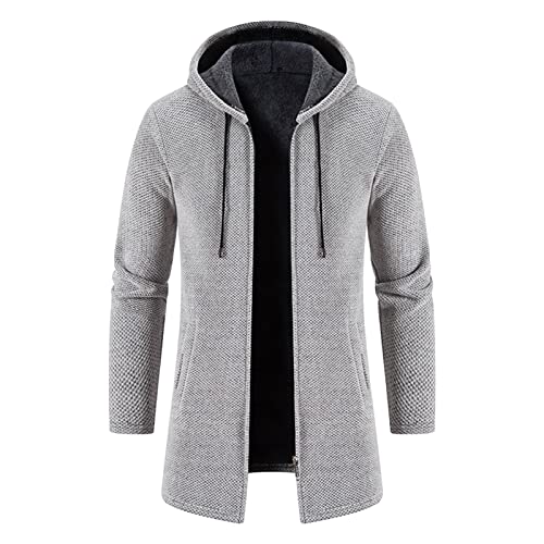 Mens Solid Knit Hooded Cardigan Full Zip Long Open Front Sweater Slim Fit Casual Lightweight Longline Cardigans (Light Grey,XX-Large)