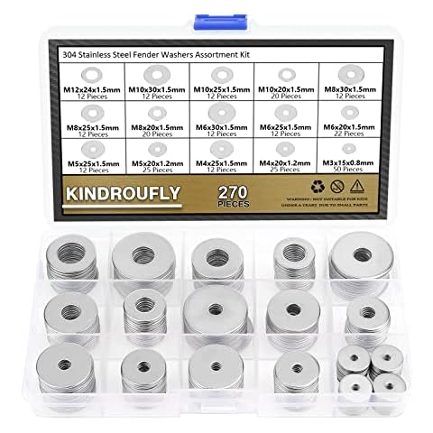Kindroufly 270 Pieces 15 Sizes Large Fender Washers Assortment Kit, 304 Stainless Steel Washers, Fender Washers, Metal Washers Assortment Kit (M3 M4 M5 M6 M8 M10 M12) Cover