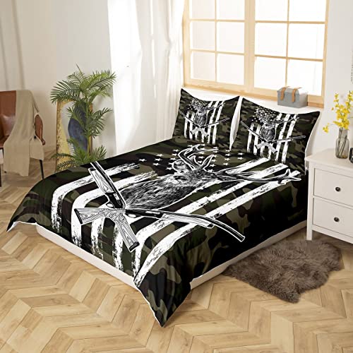 Erosebridal Deer Camo Bedding Set American Flag Duvet Cover Hunting Theme Comforter Cover Military Army Green Camouflage Bedspread Wild Animal Moose Print Western Rustic Farmhouse Decor Bedding Full #TOP1