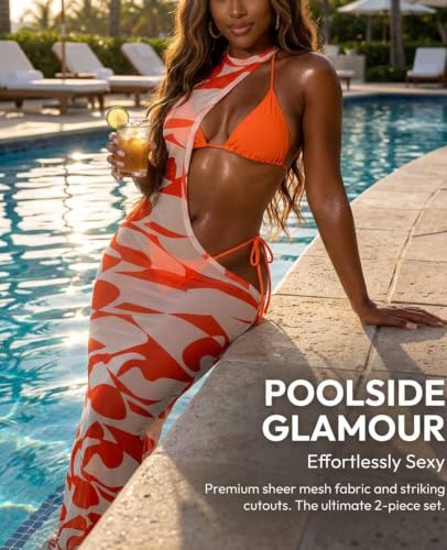 Image of Women's Sexy Swimsuit 3 Piece Thong Bikini Set Triangle Halter Bathing Suit Sheer Mesh Beach Cover Up Maxi Dress