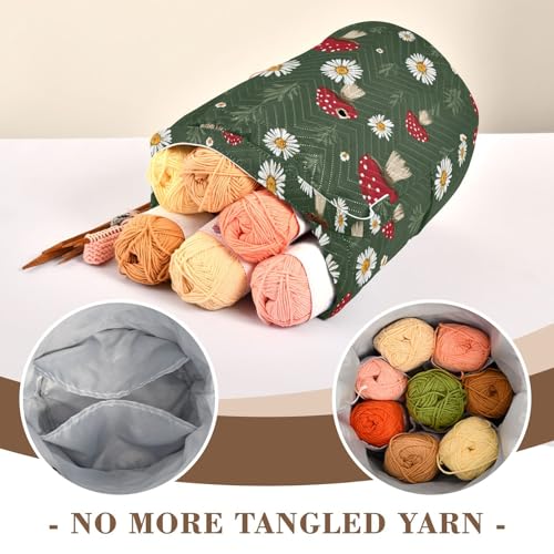 Image of Tatenale Crochet Bag Yarn Bag Knitting Project Bag with Pockets and Handle Portable Yarn Storage Organizer Tangle Free 8.3x11 InchBoho Mushroom Daisy Green08
