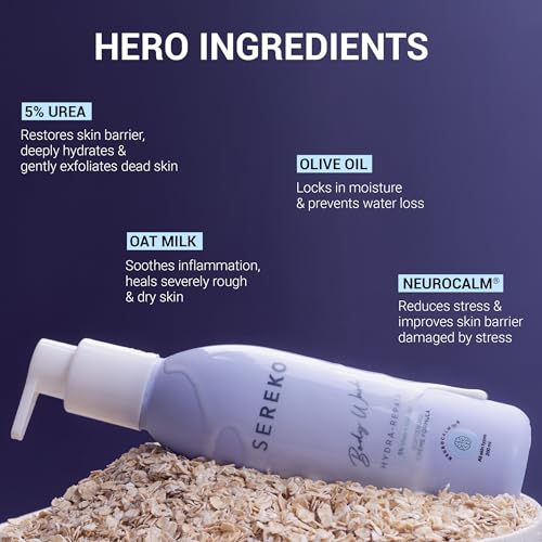 Image of SEREKO 5% Urea & Oat Milk Body Wash 200 ML | For Strawberry skin, De-tan, Body-acne| Body Wash for Men & Women | AHA BHA free, paraben free, SLS free | Gentle Exfoliating | Very dry & flaky skin