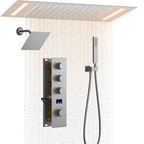 KATAIS Brushed Nickel Shower Faucet Set with 14X20 inch Ceiling Rainfall Shower, 8 inch Shower Head, Handheld Spray, Temperature Display Shower System by KATAIS - Used condition