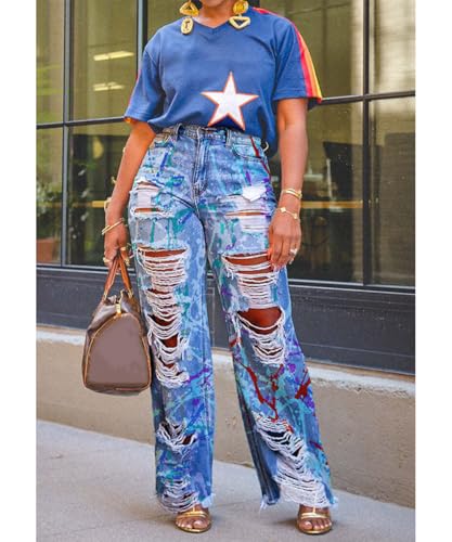 Women's Baggy High Waisted Jeans Stretchy Washed Graffiti Prints Ripped Straight Leg Denim Jeans4