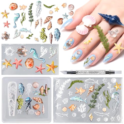 JFIYUOMCI 3PCS Ocean Nail Molds - (Shell, Starfish, Conch, Turtle, Jellyfish, Whale) Silicone Nail Art Molds, Beach Nails Design, Sea Nail Charms Mold Carving Template for Summer Manicure Supplies