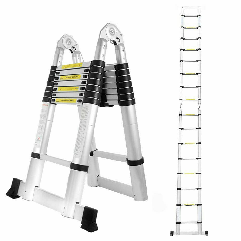 Klappleiter Ausziehbar 1,9+1,9m, Klappbar Teleskopleiter Rutschfester Aluminium Ausziehleiter Stehleiter A-Rahmen 6+6 Sprossen Tragbare Mehrzweckleiter 150 kg Tragkraft