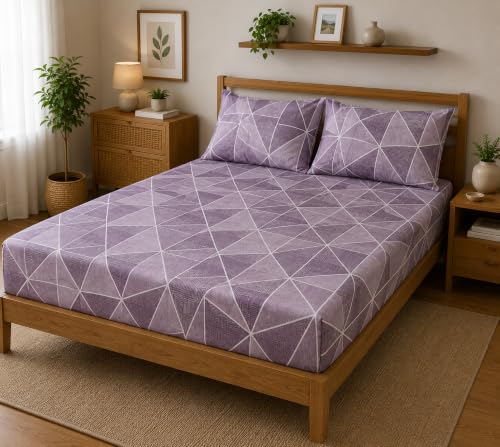 Image of Fitted Bedsheet Vine Geometric Print Glace Cotton 210 TC | Queen Size for Double Bed Fits 5 x 6.5 ft Mattress (60 x 78 Inch) | All Around Elastic | 2 Pillow Covers | 10 Inch Deep Pocket
