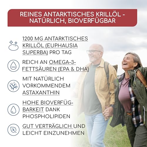 Krillöl 1.200 mg - 200 Weichkapseln, Reich an Omega-3, -6, -9, Astaxanthin und Phospholipiden - Mehr als 3 Monate Vorrat - Frei von Gluten, Laktose und künstlichen Aromen - Kein Fischgeschmack