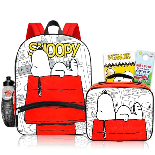 Snoopy Backpack with Lunch Box - Bundle with 16 Peanuts Backpack and Lunch Box Plus Water Bottle Tattoos More | Snoopy School Bag for Kids