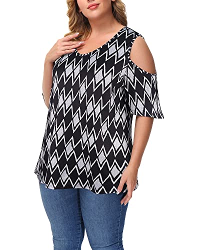 Gboomo Women Plus Size Blouses Casual Cold Shoulder Short Sleeve T Shirts Summer Tunic Tops 2X Black With Geometric Polyline #TOP3