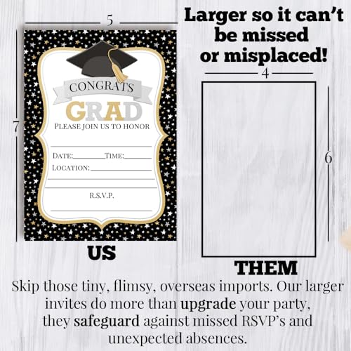 Amanda Creation Classic Star Black, Gold and Silver Graduation Invitation – 20 5x7 Grad Party Invitation With Envelopes - Thumbnail 7
