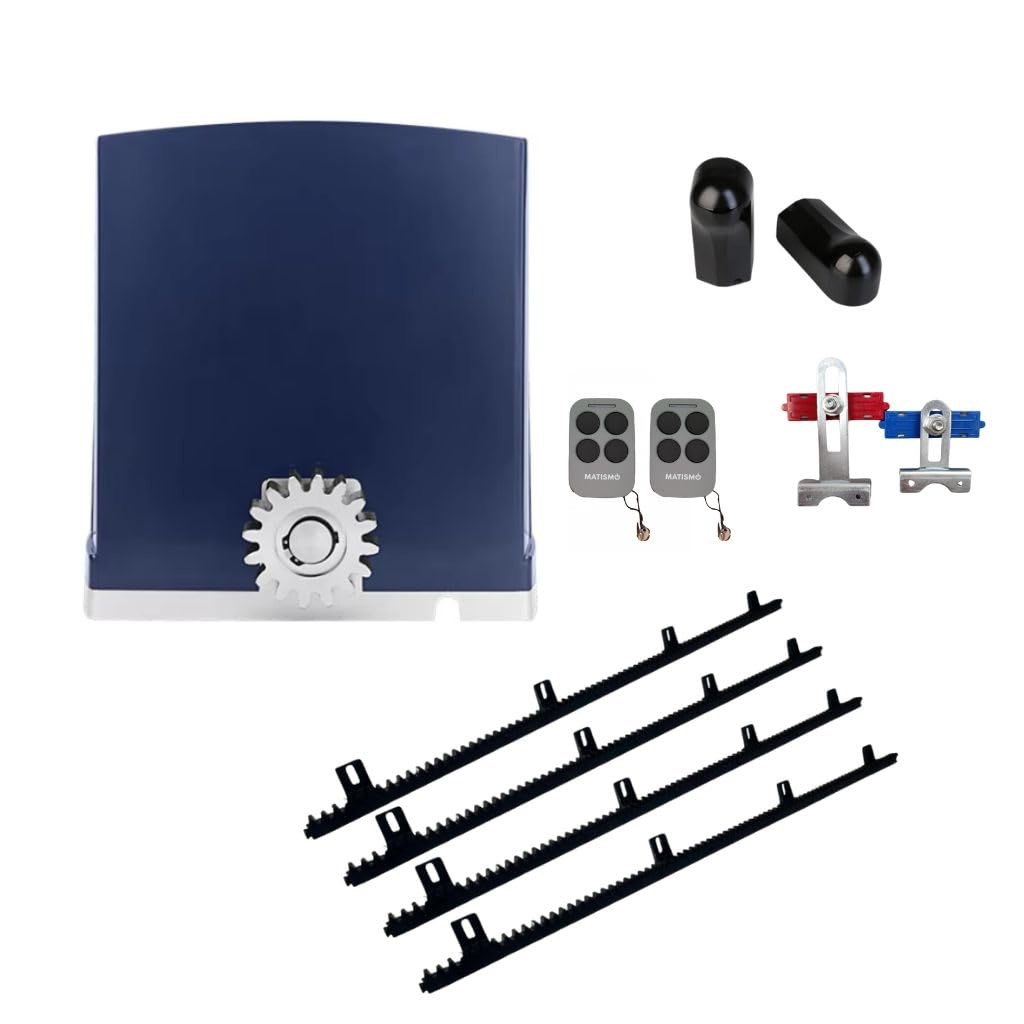MATISMO AMC800 Plus - Motor para puerta corredera de hasta 1000 kg, con 2 mandos a distancia, fotocelulas y 4 cremalleras de 1m. (4 m cremalleras Nylon y 1 fotocélula infrarroja)