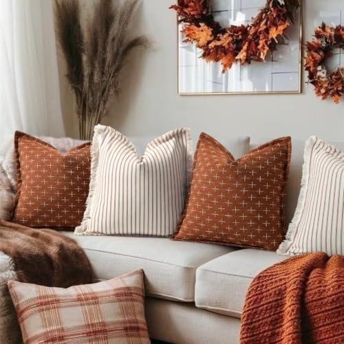 Image of ZWJD Fall Throw Pillow Covers 18x18 Set of 2 Striped Pillow Covers with Fringe Chic Cotton Decorative Pillows Square Cushion Covers for Sofa Couch Bed Living Room Fall Decor,Rust