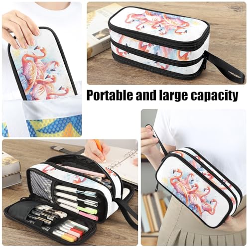 Image of Fustylead Watercolor Groups Of Flamingos Large Pencil Pen Case Stationery Bag 3 Compartments School College Office Organizer