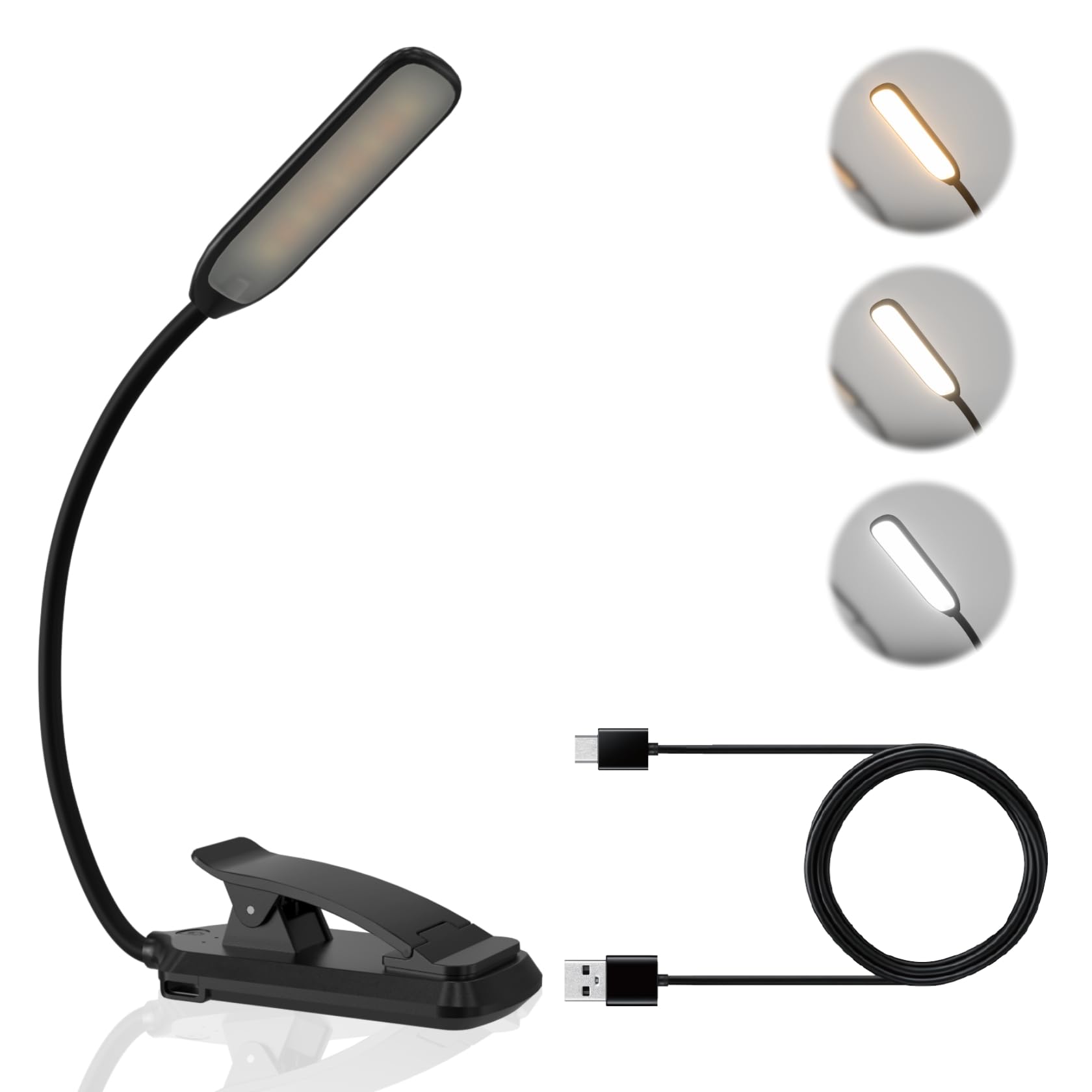 LUTW LED Book Light, 3 Eye-Friendly Colours and Stepless Dimming Reading Light, USB Rechargeable Clip on Light, Long Battery Life, Flexible Arm, Lightweight, for Bedside, Desk & Study, Black