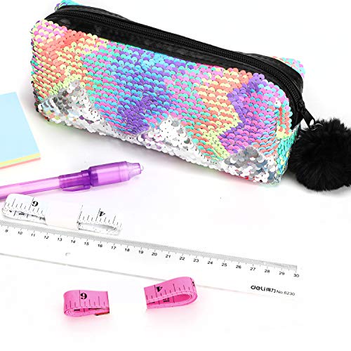 Phogary Glitter Cosmetic Bag Mermaid Spiral Reversible Sequins Portable Double Color Brush Pencil Case For Girls Make Up Pouch With Pompon Zip Closure (Colorful) #TOP4